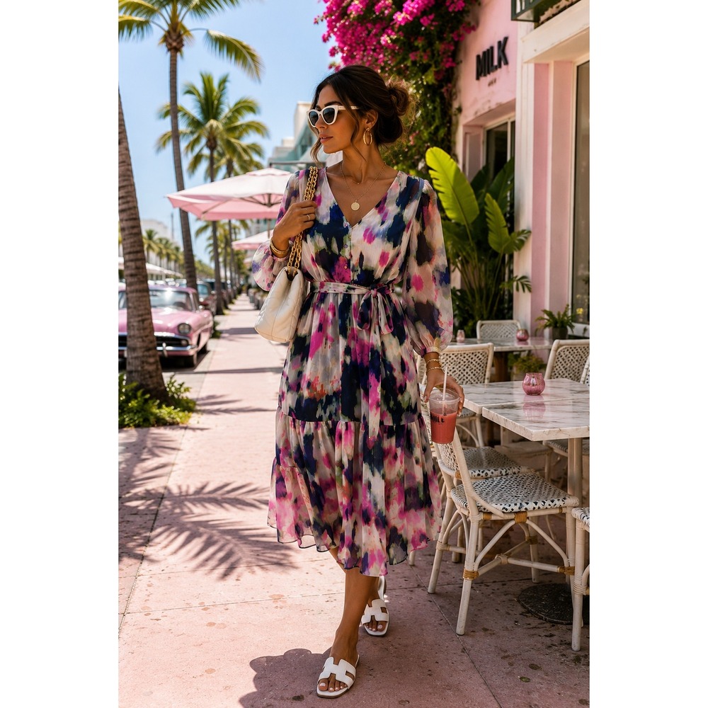 DKNY Watercolor Floral Chiffon Midi Dress Pink Navy Blue Long Sleeve Belted 2